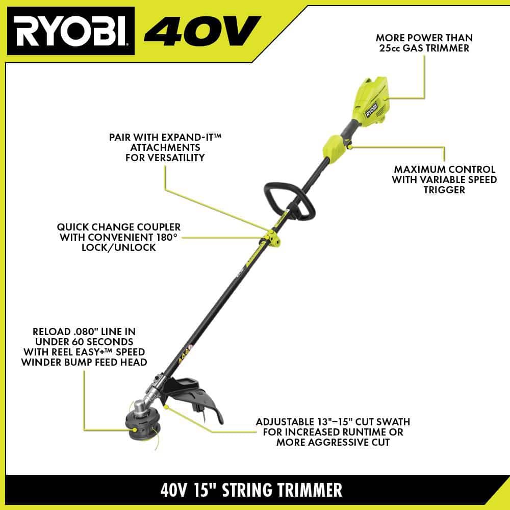 RYOBI 40V 15 in. Expand-It Cordless Battery Attachment Capable String Trimmer & Brush-Cutter with 4.0 Ah Battery and Charger RY40ST01K-RYBRC