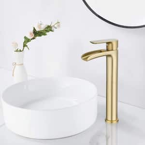 Single Handles Waterfall Vessel Sink Faucet with Pop-Up Drain assembly in Brushed Gold