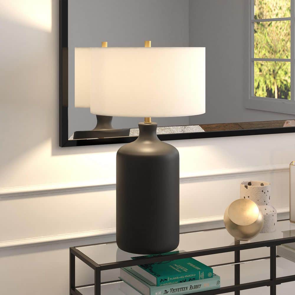Matte Black Ceramic Nightstand Lamp with White Drum Shade