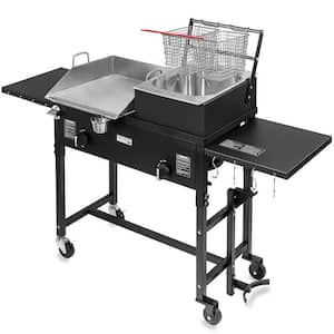 Portable Outdoor Grill Double Burner Propane Gas BBQ Station with Flat Top Griddle and Deep Fryer Stove in Black