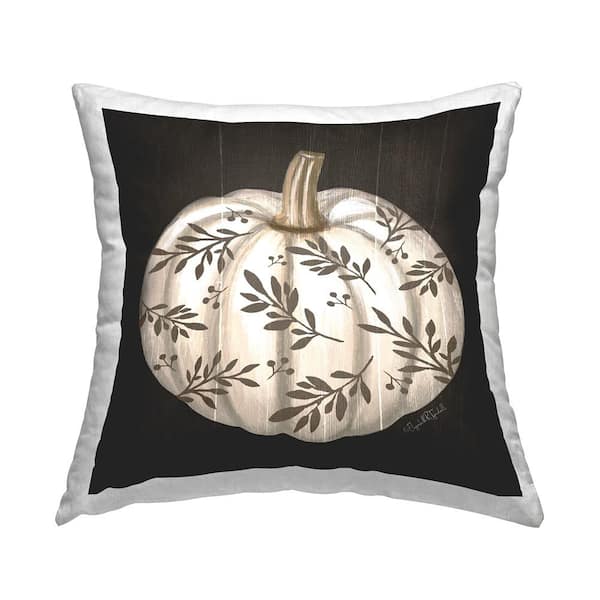 Rustic White Pumpkin Leaf Sprig Pattern Black Floral Polyester 18in. X 18in. Throw Pillow