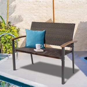 Natural 2-Seat Wicker Rattan Outdoor Bench Chair Storage Stool with Steel Frame for Porch, Living Room