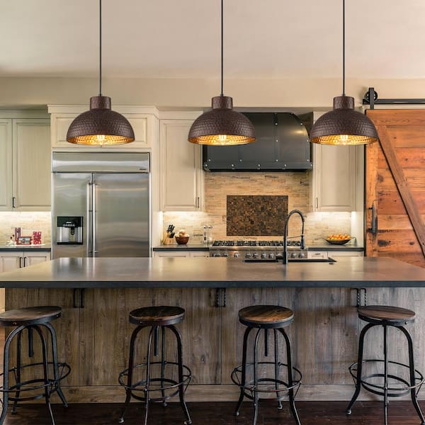 1-Light Industrial Copper Hanging Pendant Light with Hammered Dome Shade