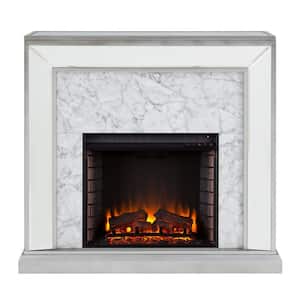 Legamma Faux Marble Mirrored 44 in. Electric Fireplace in Antique Silver and White