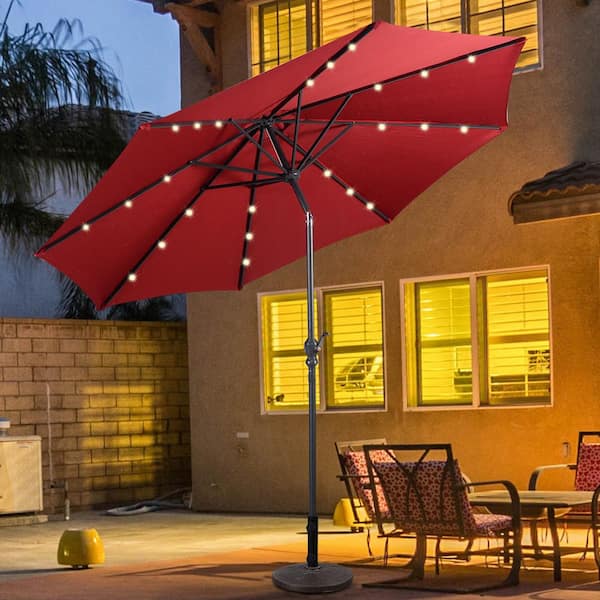 10 ft. Steel Market Solar Tilt Patio Umbrella with Crank and LED Lights in Burgundy