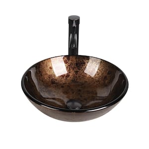 16.5 in . Vessel Bathroom Sink in Brown Glass Round with Faucet Pop Up Drain Set With Hand-Painted Pattern
