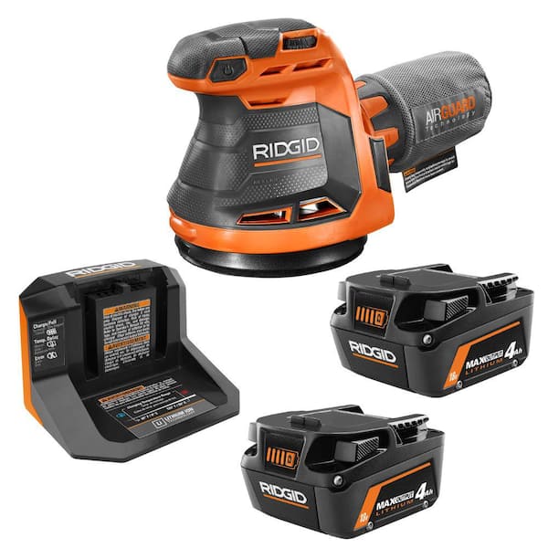 RIDGID 18V Max Output (2) 4.0Ah Battery and Charger with FREE 5 in. Random Orbit Sander