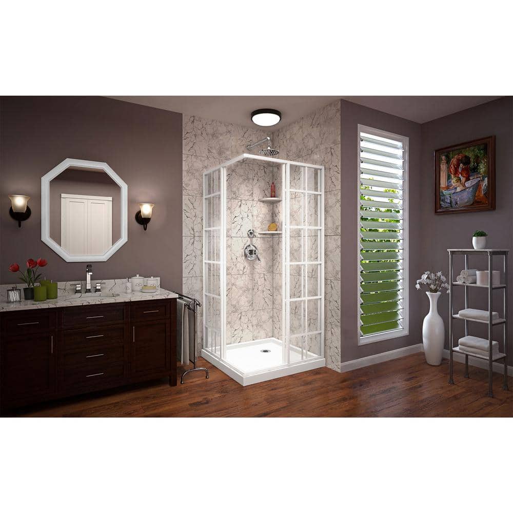 White Framed Square Sliding Shower Enclosure with Clear Glass