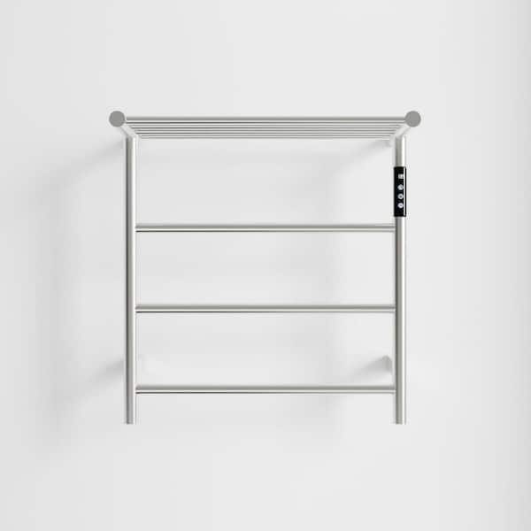 3 Bar Wall Mounted Plug-in/Hardwired Towel Warmer Heated Rack in Brushed Nickel with Touch Screen Timer and Top Shelf