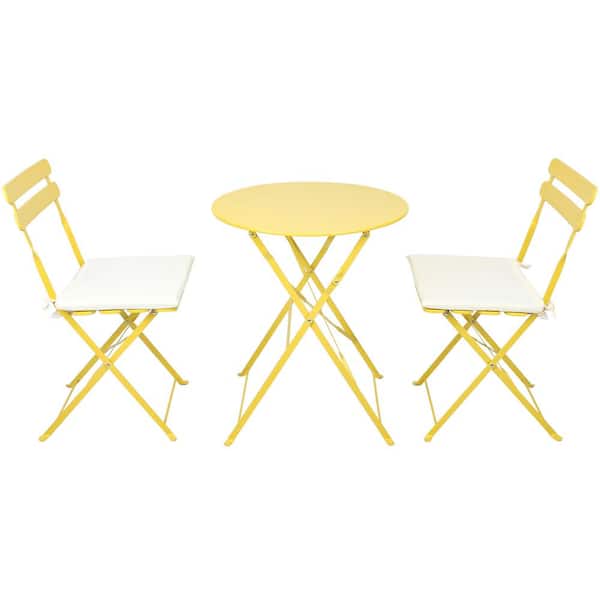 Clihome 3-Piece Metal Frame Outdoor Bistro Balcony Yellow Chair Table Set with White Cushions