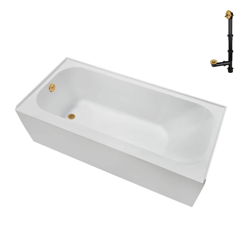 Glossy White Acrylic Alcove Bathtub with Brushed Gold Trim