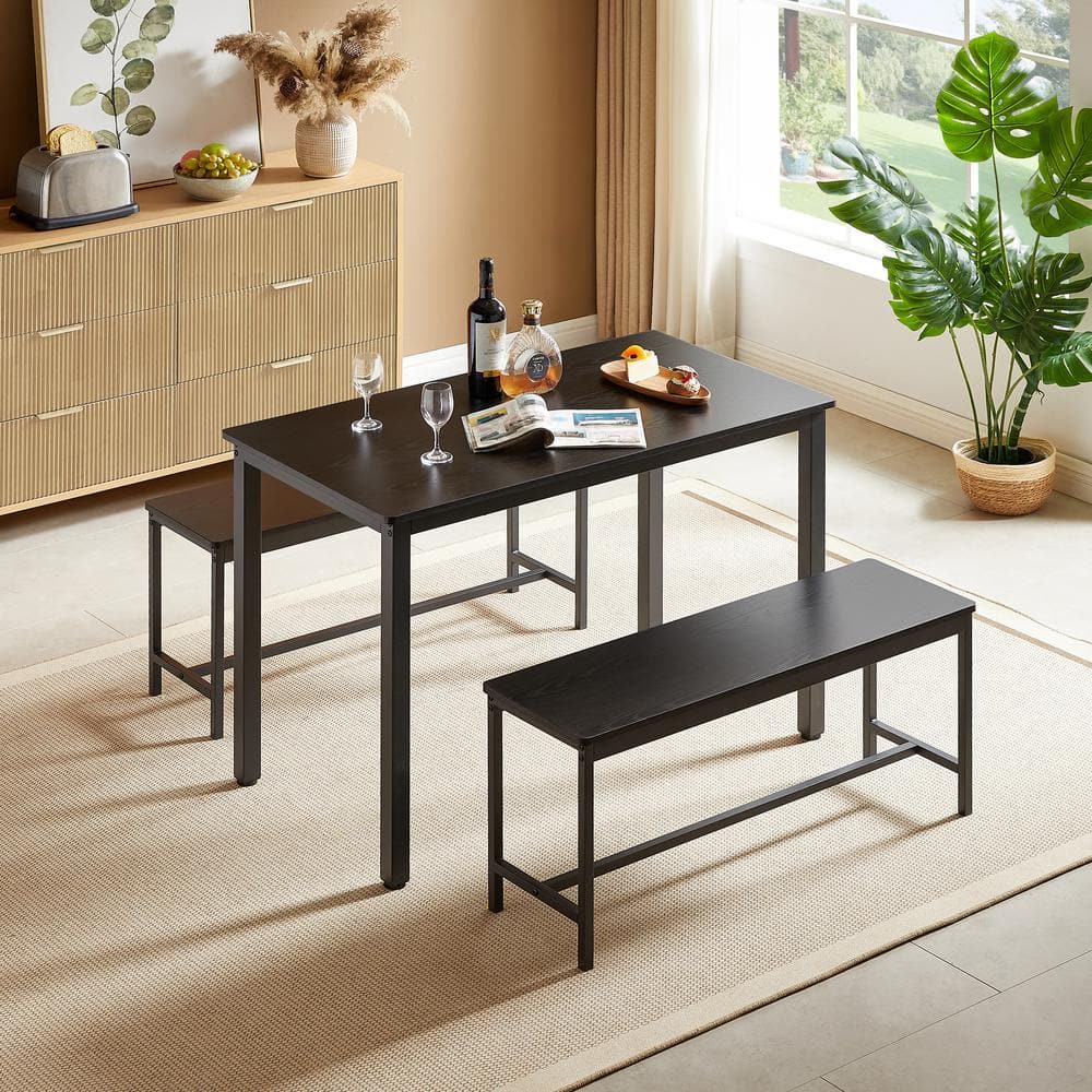 Industrial 3-Piece Black MDF Top Dining Table Set with 2-Benches Dining Roo