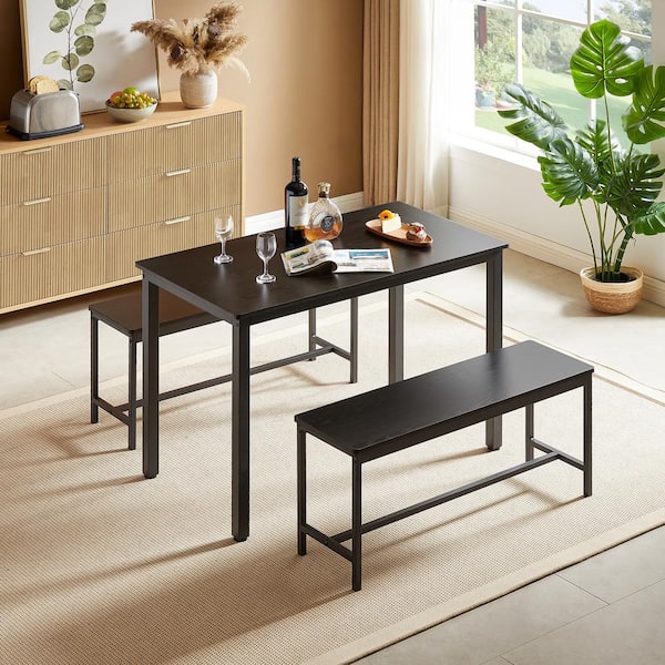 Unbranded Industrial 3-Piece Black MDF Top Dining Table Set with 2-Benches Dining Room Table (Set for 4) Bar Table
