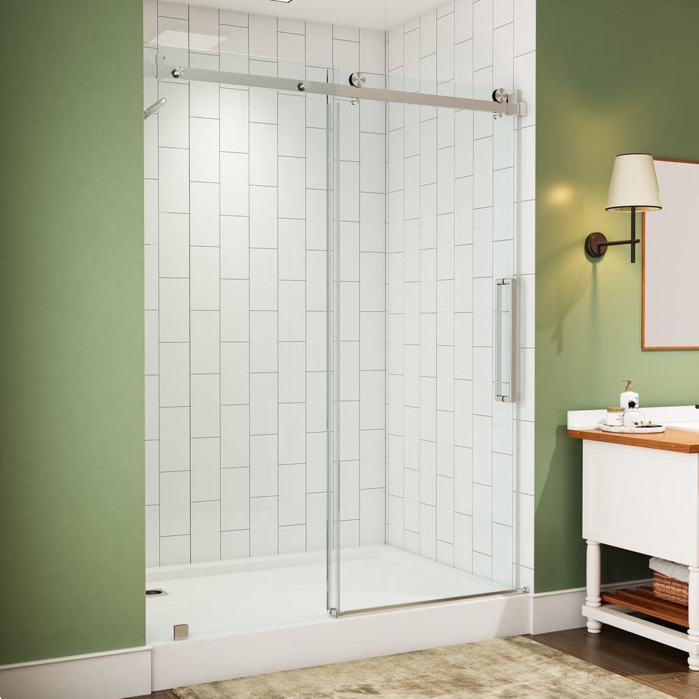 60" Frameless Clear Glass Sliding Shower Door with Brushed Nickel Finish