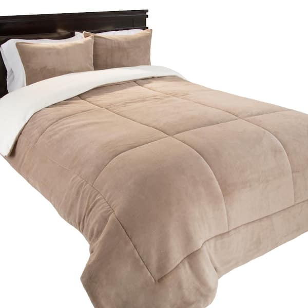 2 Piece Taupe Twin Size Sherpa Fleece, Twin Bed Comforters