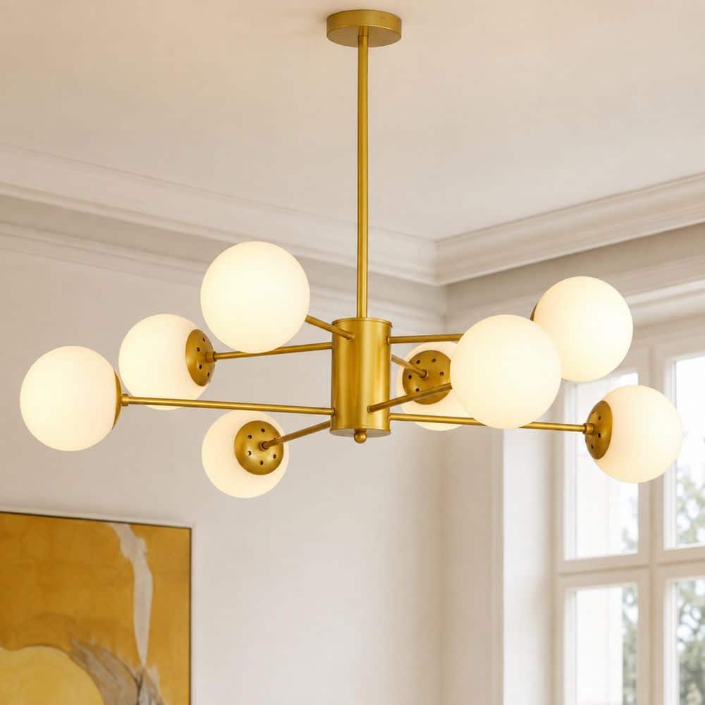 8 Light Gold Mid-Century Branching Chandelier with Globe Shades