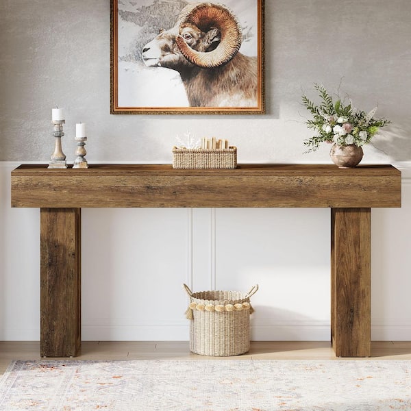 TRIBESIGNS WAY TO ORIGIN Benjamin 62.9 In. Brown Rectangle Wood Rattan Behind Sofa Entryway Couch Wall Accent Console Table Home Office Farmhouse