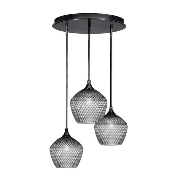 Unbranded Villa 3 Light Matte Black Pendant, Cluster Pendant Light with 9 in. Smoke Textured Glass Shades, No bulb Included