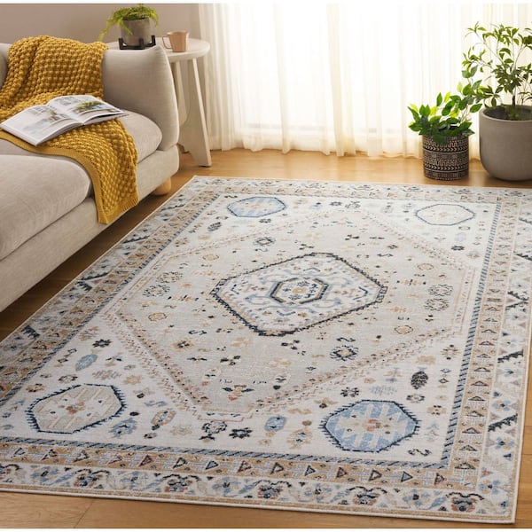 Bayside Ivory/Beige Blue 9 ft. x 12 ft. Machine Washable Traditional Medallion Area Rug