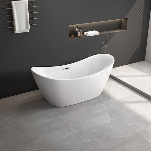 67" L x 30"W Acrylic Soaking Twin Slipper Bathtub with Chrome Overflow/Pop-up Drain, Glossy White, cUPC Certified