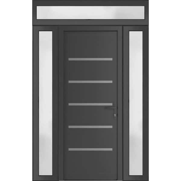 56 in. x 94 in. Left-hand/Inswing Frosted Glass Antracite Grey Steel Prehung Front Door with Hardware