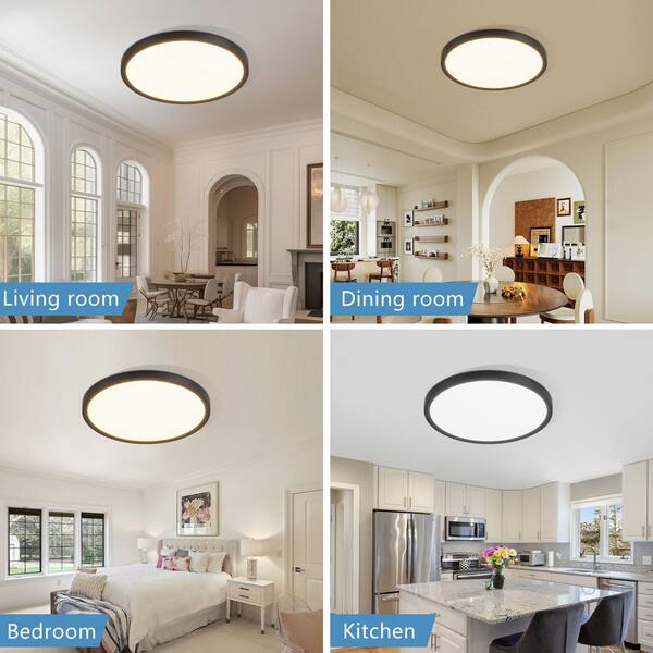 12 in. Modern Round Matte Black LED Flush Mount Ceiling Light 24W 5CCT Dimmable for Low Ceiling 6 Pack