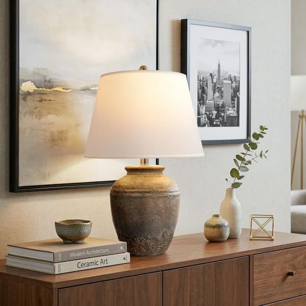 22 in. Rustic Terracotta Ceramic Table Lamp with Linen Shade & LED Bulb for Living Room