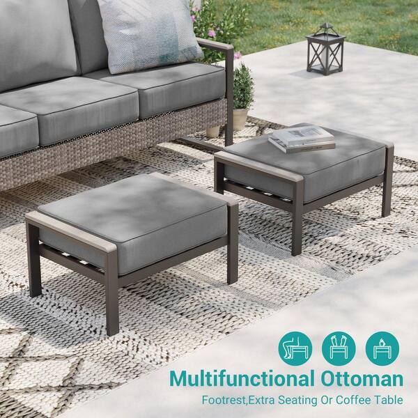 Sonkuki Gray Wicker Outdoor Ottoman with Solution-Dyed Fabric Gray
