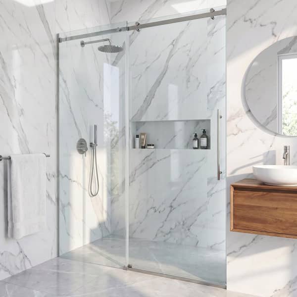 Luca 56 to 60 in. W x 79 in. H Sliding Frameless Shower Door in Stainless Steel with 3/8 in. (10mm) Clear Glass