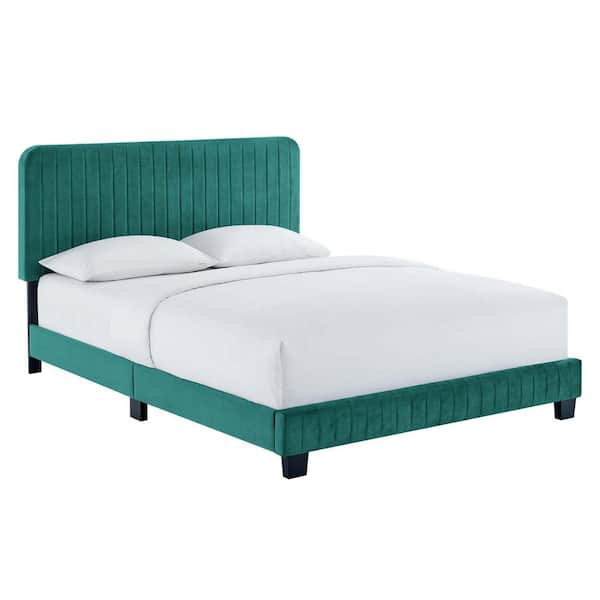MODWAY Celine Teal Channel Tufted Performance Velvet Queen Platform Bed