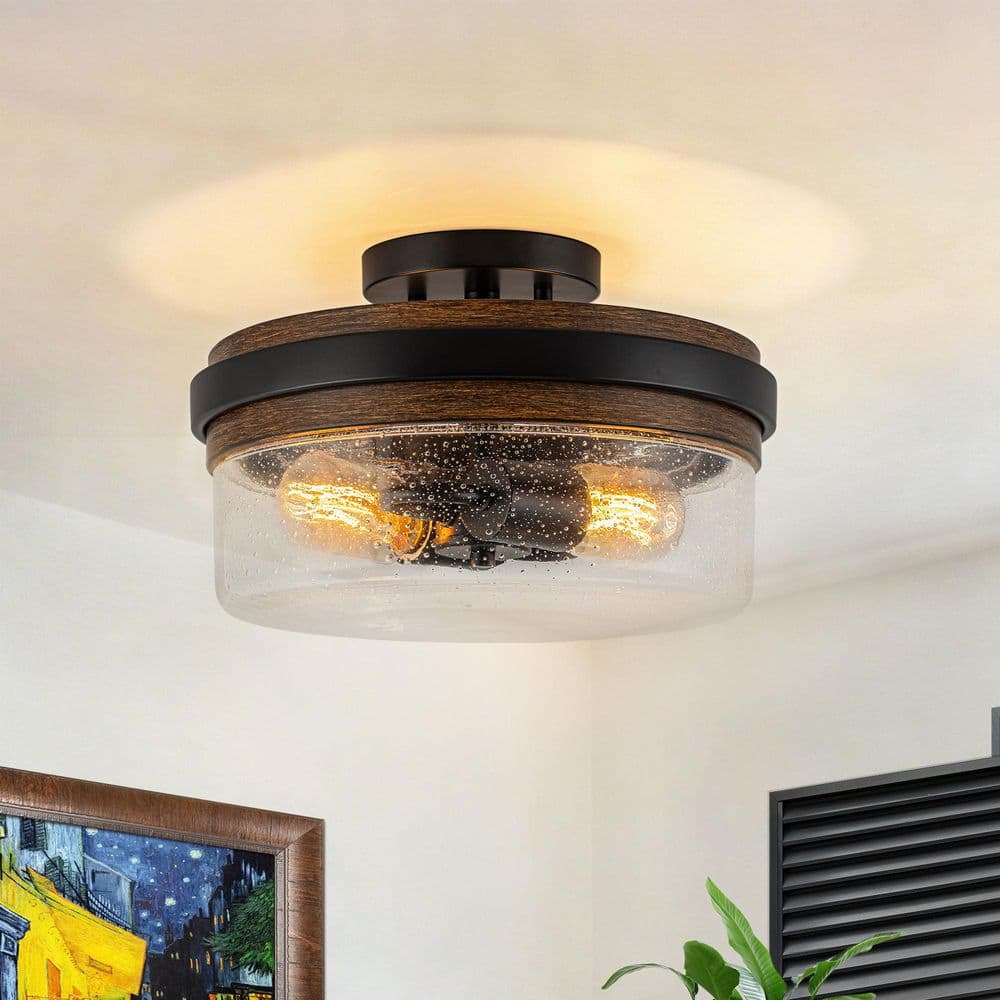 12 in. Farmhouse Drum Matte Black 2-Light Semi-Flush Mount with Seeded Glass Shade and Wood Textured for Bedroom Kitchen price history on PriceWatchPro