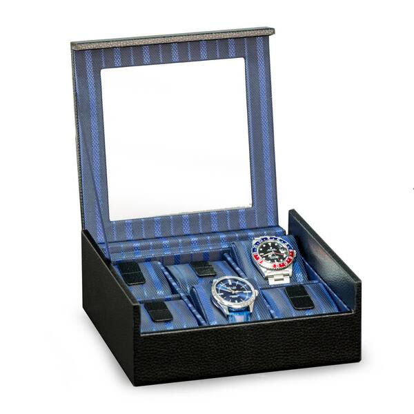 BEY-BERK 6-Watch Case with Glass Top Black Leather