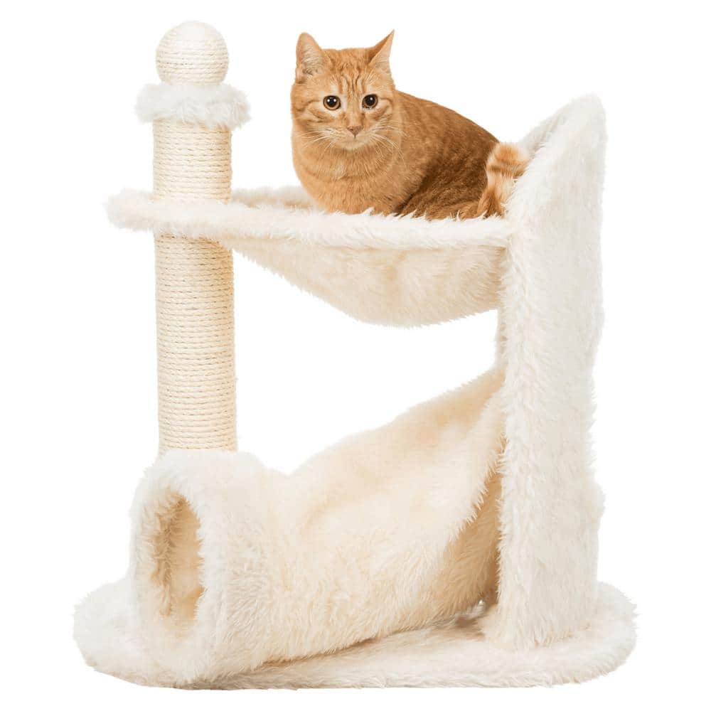 Cream Plush Cat Tree with Sisal Scratcher, Hammock, and Tunnel