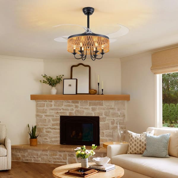 40 in. Indoor Rattan Retractable Black Downroad Mount Clear Blade Ceiling Fan with Remote Included with No Bulb Included