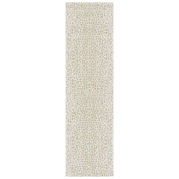 SAFAVIEH Courtyard Ivory/Sage Green 2 ft. x 8 ft. Cheetah Geometric Indoor/Outdoor Runner Rug