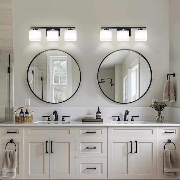 22 in. 3 Light Matte Black Modern Square Vanity Light for Bathroom, Bedroom, Living Roomwith Milk White Shades