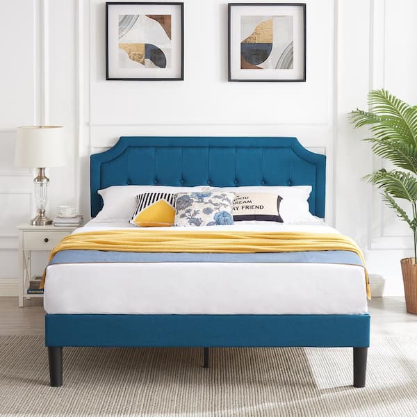 VECELO Upholstered Bed Frame ，Blue Metal Frame Full Size with Headboard ...