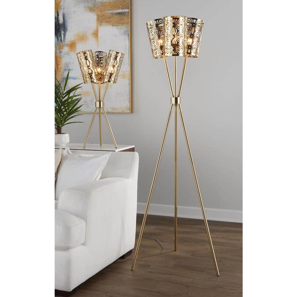 Royal Gold Metal Tripod Table Lamp with Cutout Shades