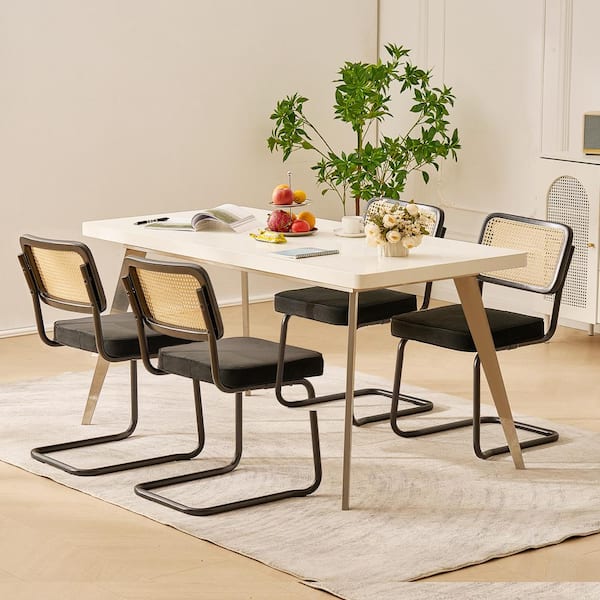 SKYSHALO Rattan Dining Chairs ,Upholstered Velvet Accent Chair with Rattan Back, Dining Room Kitchen Rattan Chair(Set of 4)