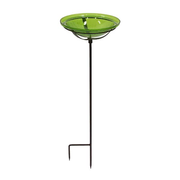 Crackle Glass Birdbath Bowl With Stake 12.5 in. Dia Fern Green
