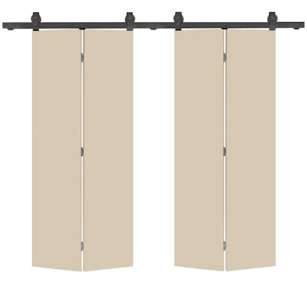 CALHOME 60 in. x 80 in. Beige Smooth Flush Hardboard Hollow Core Composite Double Bi-Fold Barn Door with Sliding Hardware Kit