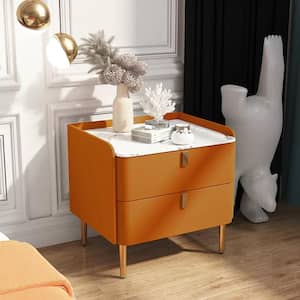 Luxury PU Leather Nightstand Bedside Table with 2 Drawers and Golden Metal Leg, Orange