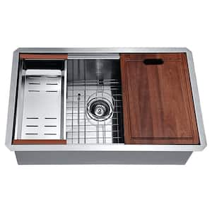 Aegis Undermount Stainless Steel 30 in. Single Bowl Kitchen Sink with Cutting Board and Colander