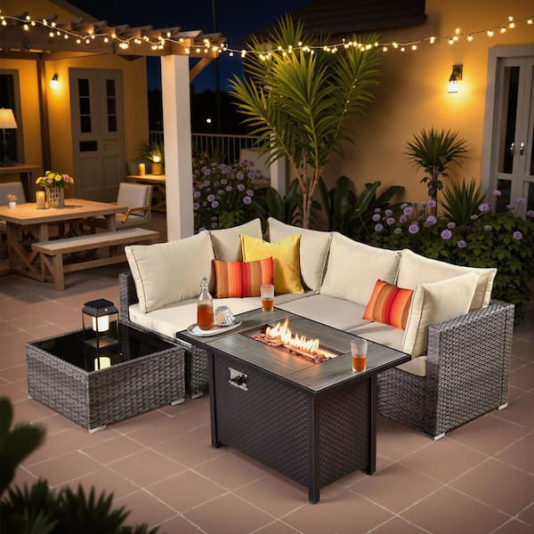 Elora Gray 6‑Piece Wicker Outdoor Sectional Set with Fire Pit, Beige Cushion & Coffee Table for Patio, Yard, Deck