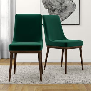 Oprah Green Velvet Mid-Century Modern Accent Dining Side Chair with Solid Wood Legs, (Set of 2)