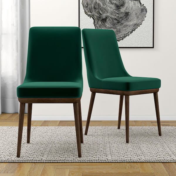 Oprah Green Velvet Mid-Century Modern Accent Dining Side Chair with Solid Wood Legs, (Set of 2)