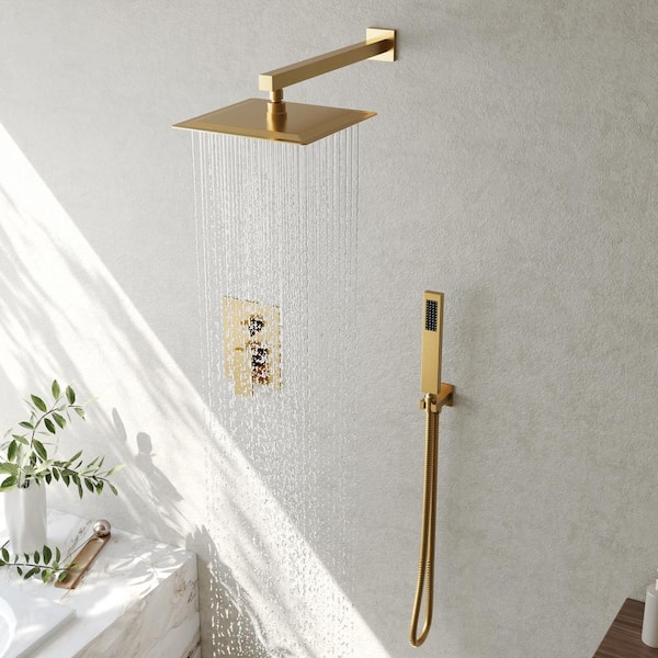 Single-Handle Rain 2-Spray Square 10 in. Dual Shower Head Fixed and Handheld Shower Head in Brushed Gold