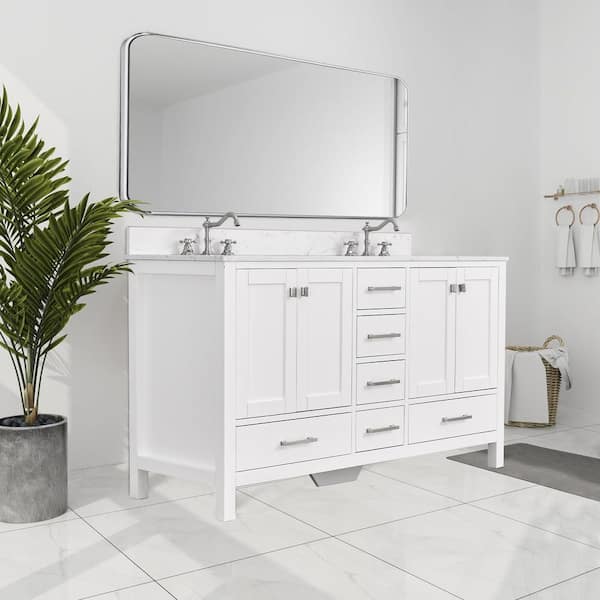 Bath Mist 60 in. W Double Sink Freestanding Bath Vanity in White with White Engineered Top