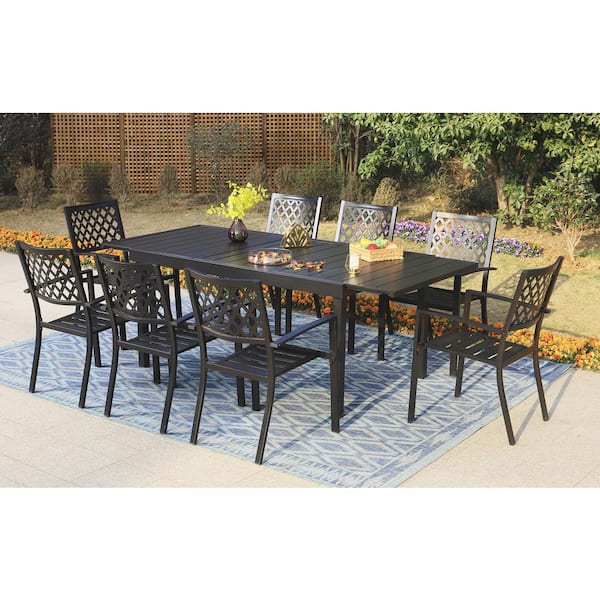 Black 9-Piece Metal Outdoor Patio Dining Set with Extendable Table and Elegant Stackable Chairs