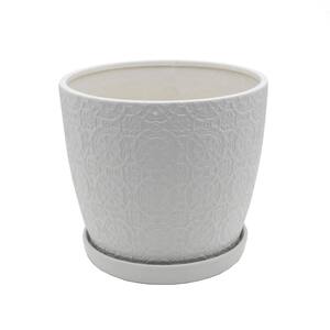 10 in. Chrysanthemum Medium White Textured Ceramic Pot (10 in. D x 9.3 in. H) with Attached Saucer